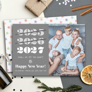 New Year Funny 3rd Time a Charm Modern Grey Photo Holiday Card