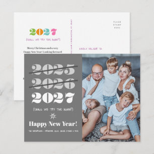 New Year Funny 3rd Time a Charm Modern Grey Photo Holiday Postcard