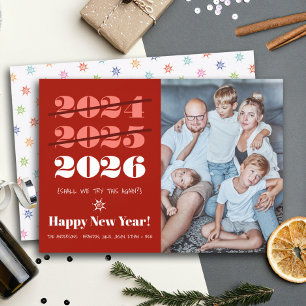 New Year Funny 3rd Time a Charm Modern Red Photo  Holiday Card