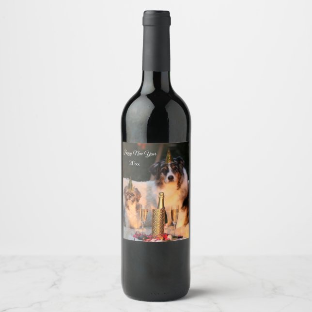 New Year funny dogs with party hat Wine Label (Front)