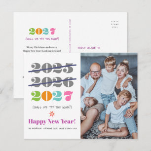 New Year Funny Third Time a Charm Modern Photo Holiday Postcard