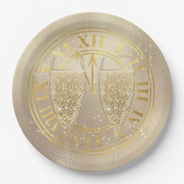 New Year Gold Champagne Glasses on Clock Paper Plate (Front)