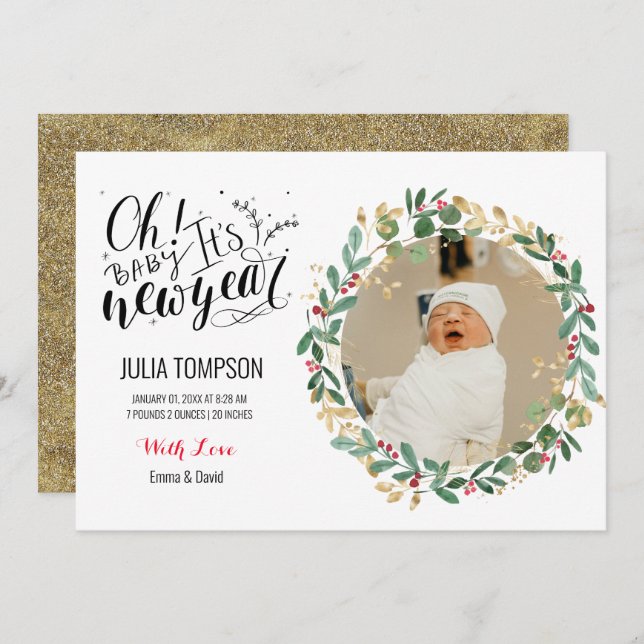New Year Gold Floral Green Baby Birth Announcement (Front/Back)