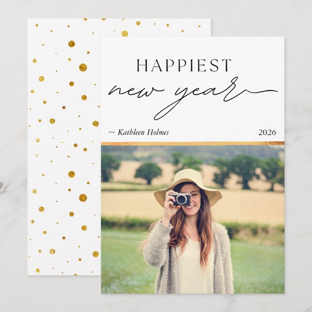 New Year Gold Photo Simple Holiday Card (Front/Back)
