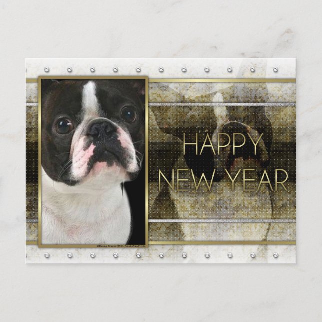 New Year - Golden Elegance - Boston Terrier Holiday Postcard (Front)