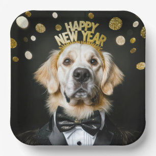 New Year Golden Retriever In a Tuxedo Paper Plate