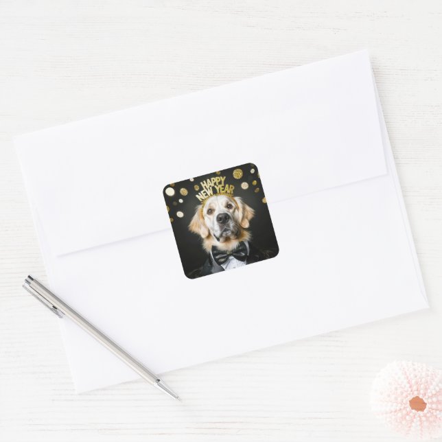 New Year Golden Retriever In a Tuxedo Square Sticker (Envelope)