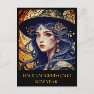 New Year Greeting Blue-haired Tattooed Witch Holiday Postcard