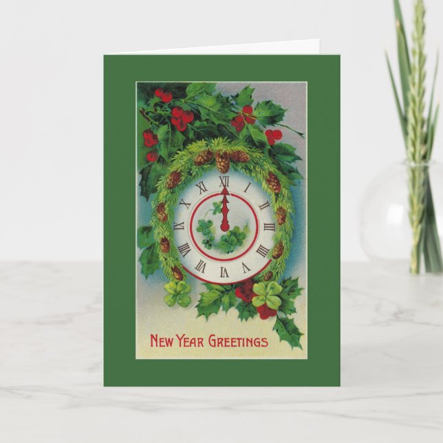 New Year Greetings with 4-Leaf Clover & Pine Bough Holiday Card (Front)