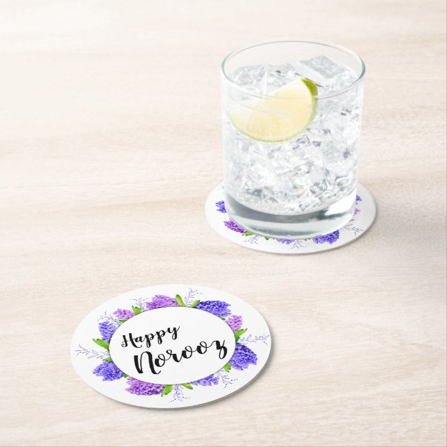 New Year Happy Norooz Hyacinth Wreath Purple Round Paper Coaster (Insitu)