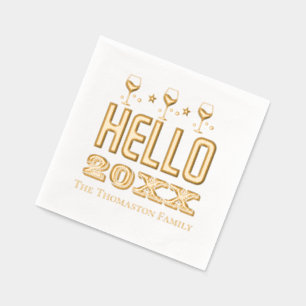 New Year Hello 20xx Wine Glasses Family Name Foil Napkins