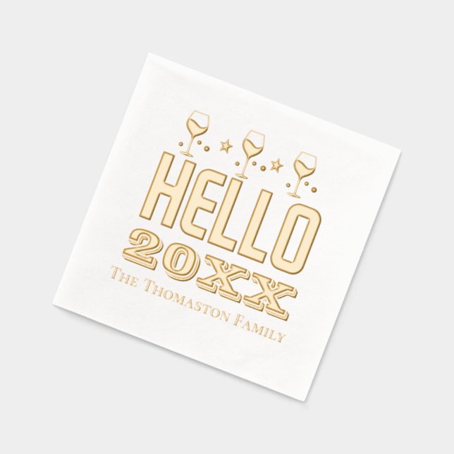 New Year Hello 20xx Wine Glasses Family Name Foil Napkins (Left)