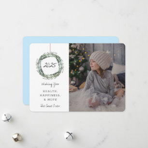 New Year Holiday Photo Card Floral Wreath Blue