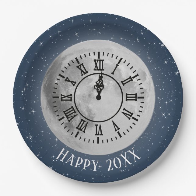 New Year Midnight Clock On Moon Paper Plate (Front)