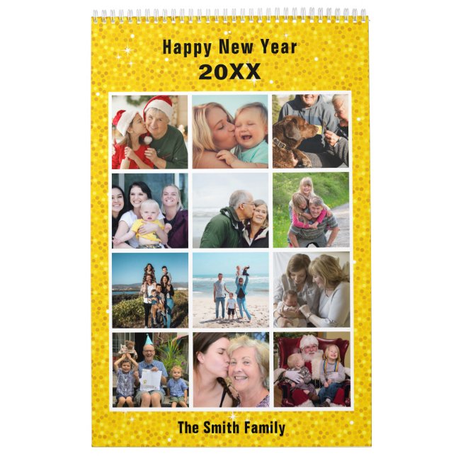 New Year Modern Family 24 Photo Elegant Gold Calendar (Cover)
