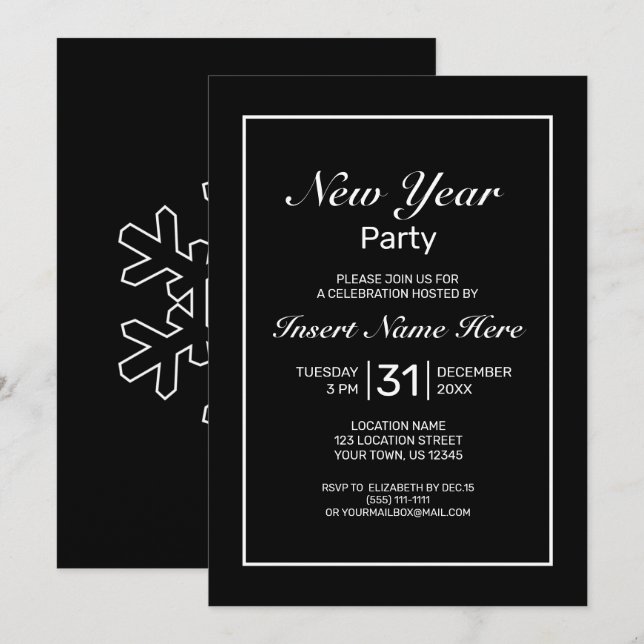 New Year Modern Minimalist Black White Invitation (Front/Back)