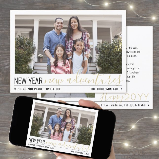 New Year New Adventures 2 Photo Modern Gold Script Holiday Card (Creator Uploaded)