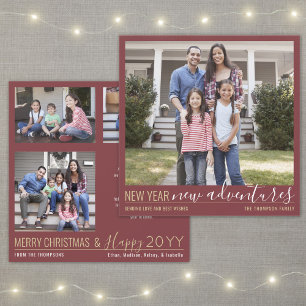 New Year New Adventures 4 Photo Burgundy and Gold Holiday Card