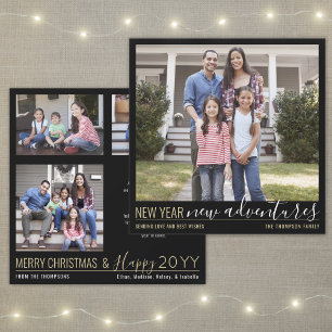 New Year New Adventures 4 Photo Modern Black Gold Holiday Card