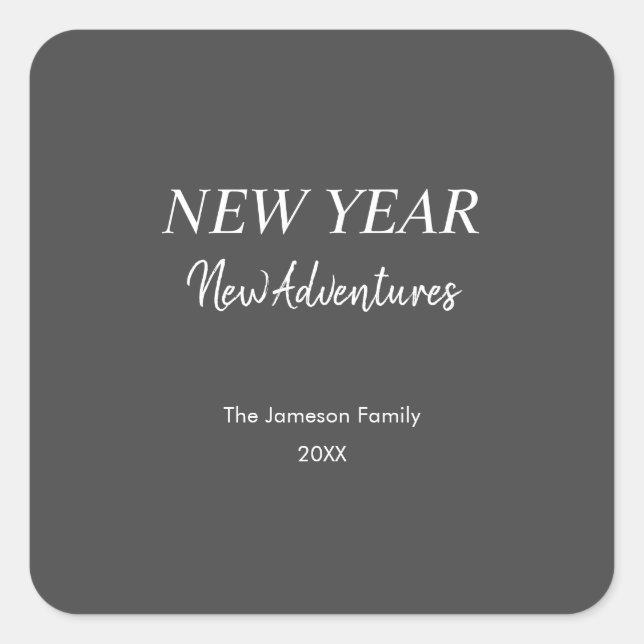 New Year New Adventures | Charcoal Gray Holiday Square Sticker (Front)