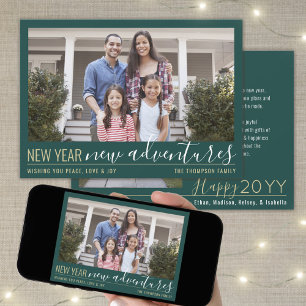 New Year New Adventures Modern 2 Photo Green Gold Holiday Card
