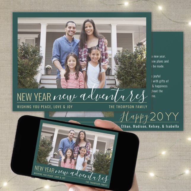 New Year New Adventures Modern 2 Photo Green Gold Holiday Card (Creator Uploaded)