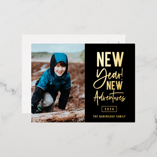 New Year New Adventures Photo Foil Holiday Postcard (Front/Back)