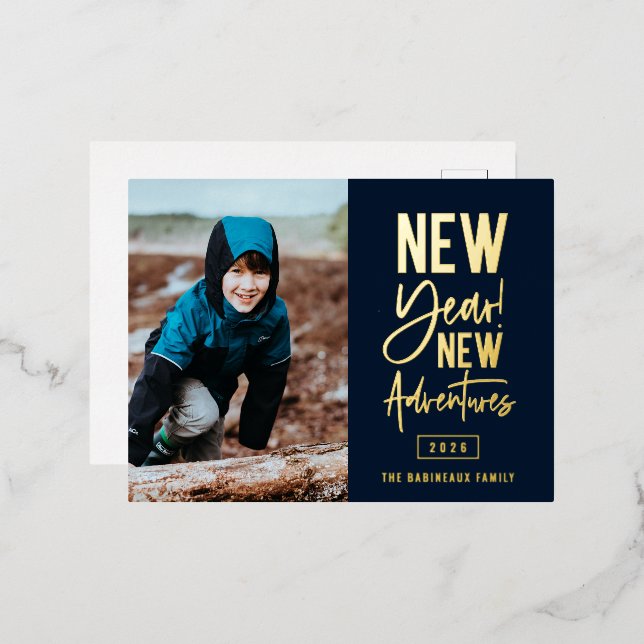 New Year New Adventures Photo Foil Holiday Postcard (Front/Back)
