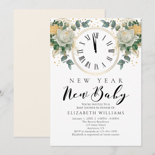 New Year New Baby Gold White Floral Baby Shower Invitation (Front/Back)