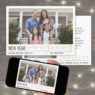 New Year New Beginning 2 Photo Modern Gold Script Holiday Card