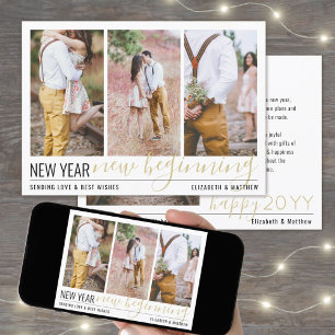 New Year New Beginning 4 Photo Gold Script Collage Holiday Card