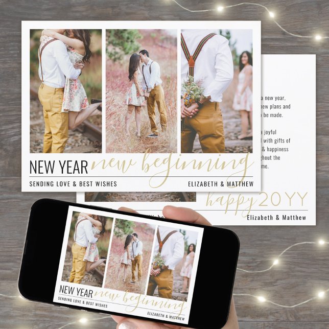 New Year New Beginning 4 Photo Gold Script Collage Holiday Card (Creator Uploaded)