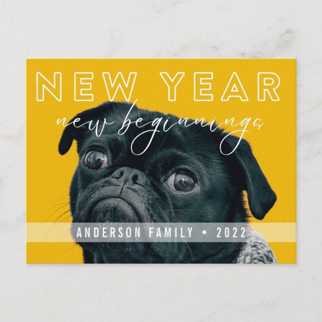 New Year New Beginnings Calligraphy Dog Photo Postcard (Front)