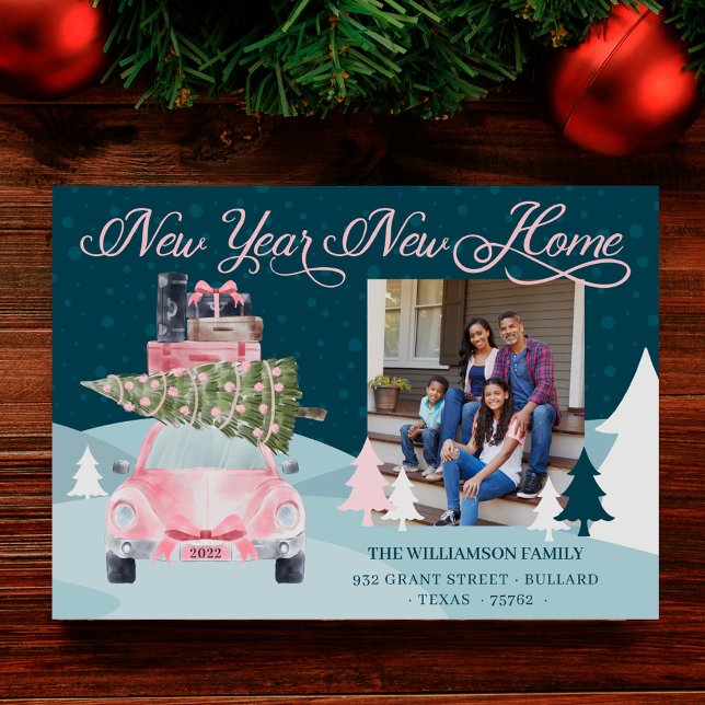 New Year New Home Chic Pink Retro Car Moving Photo Holiday Card (New Year New Home Chic Pink Retro Car Moving Photo Holiday Card)