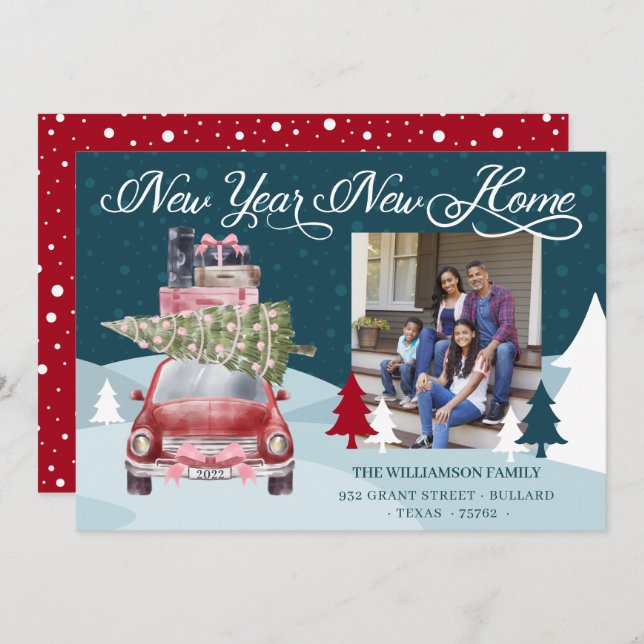 New Year New Home Chic Red Retro Car Moving Photo Holiday Card (Front/Back)