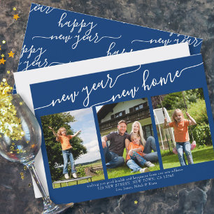New Year New Home Elegant Script 3 Photo Blue Holiday Card