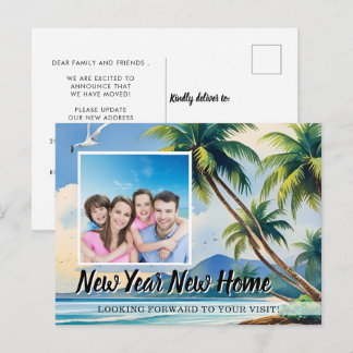 New Year New Home Photo Coastal Palm Trees Moving Announcement Postcard