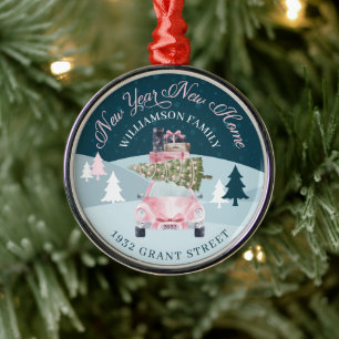 New Year New Home Pink Retro Car Christmas Moving Metal Ornament