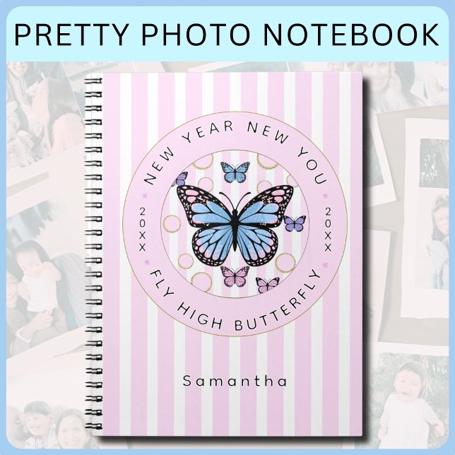 New Year New You Butterfly Custom Name Year Photo Notebook (New Year New You Pretty Pink and White Candy Striped Photo Notebook for all your precious memories!)