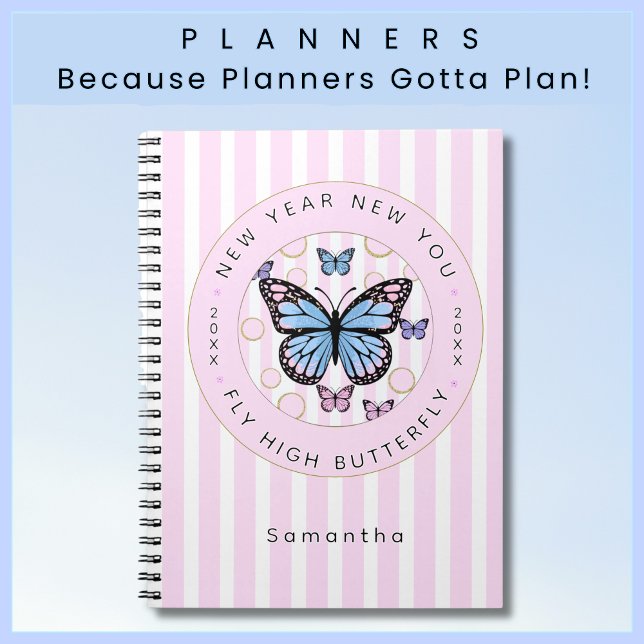 New Year New You Butterfly Custom Name Year  Planner (Pretty Custom Name Pink and White Candy Striped Planner with Motivational Message for the New Year!)