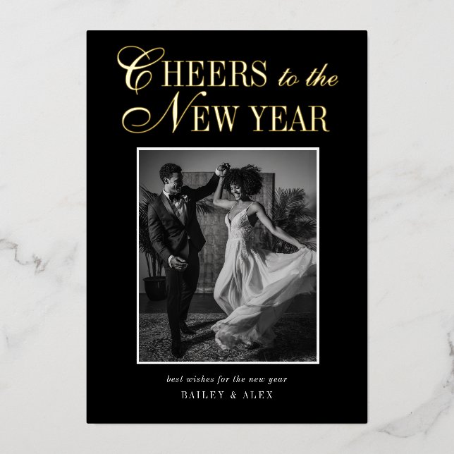 New Year Newlyweds Modern Wedding Photo Foil Holiday Card (Front)