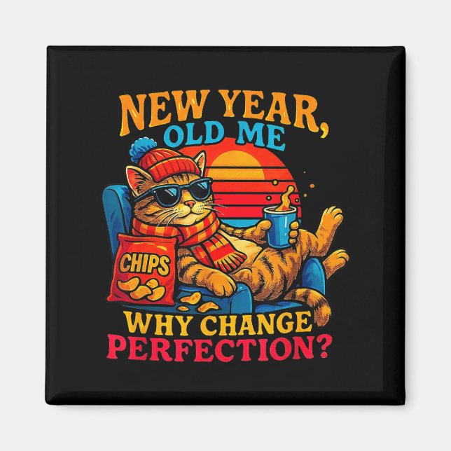 New Year Old Me Funny Cat Retro Lazy Meme Gift  Magnet (Front)