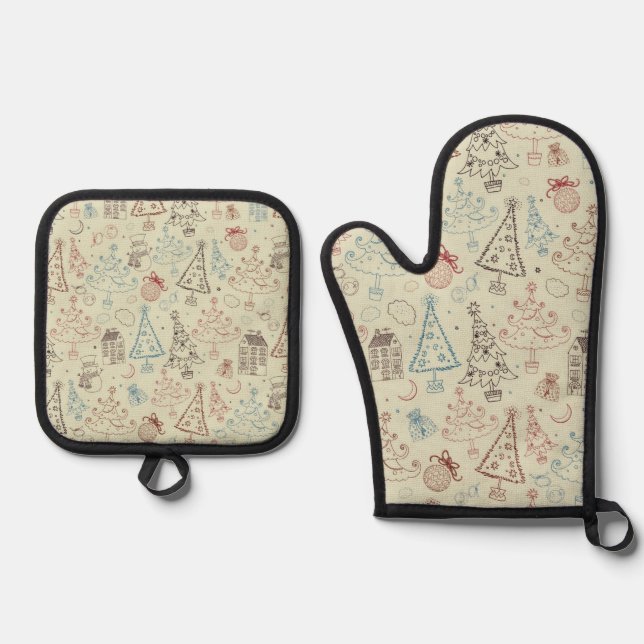 New year pattern oven mitt & pot holder set (Front)