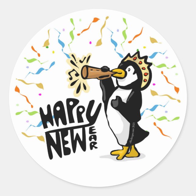 New Year Penguin Classic Round Sticker (Front)