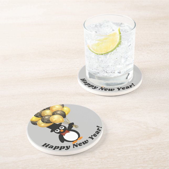 New Year Penguin Sandstone Coaster (Side)