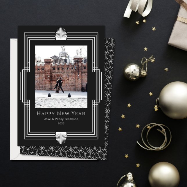New Year Photo Deco Black White Holiday Card (Creator Uploaded)
