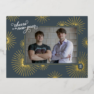 New Year Photo & Fireworks Holiday Foil Postcard