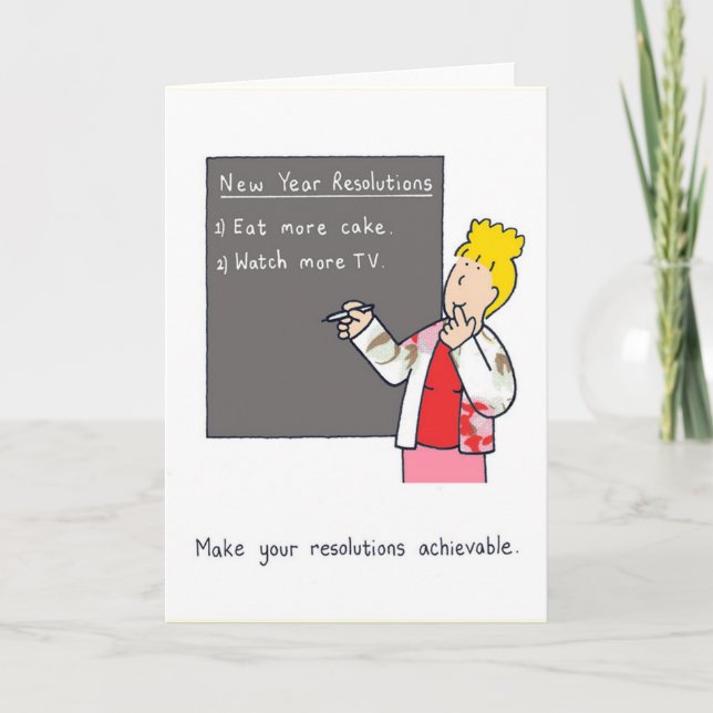New Year Resolutions Humour Cake and TV Holiday Card (Front)