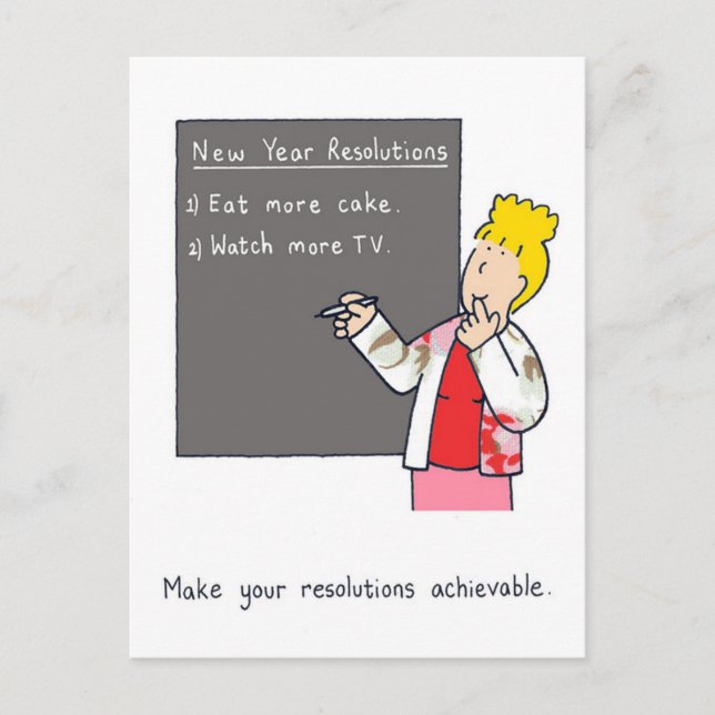 New Year Resolutions Humour Cake and TV Holiday Postcard (Front)