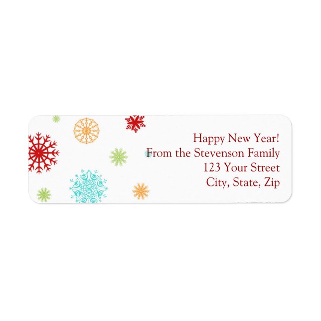 New Year Return Address Labels Colourful Snow (Front)